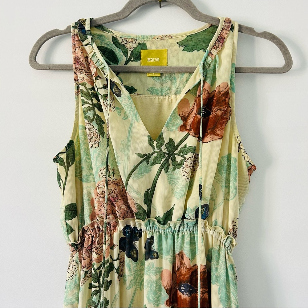 Anthropologie Maeve Maravilla Beige Blue Floral Tiered Sleeveless Maxi Dress 2 - Picture 3 of 9